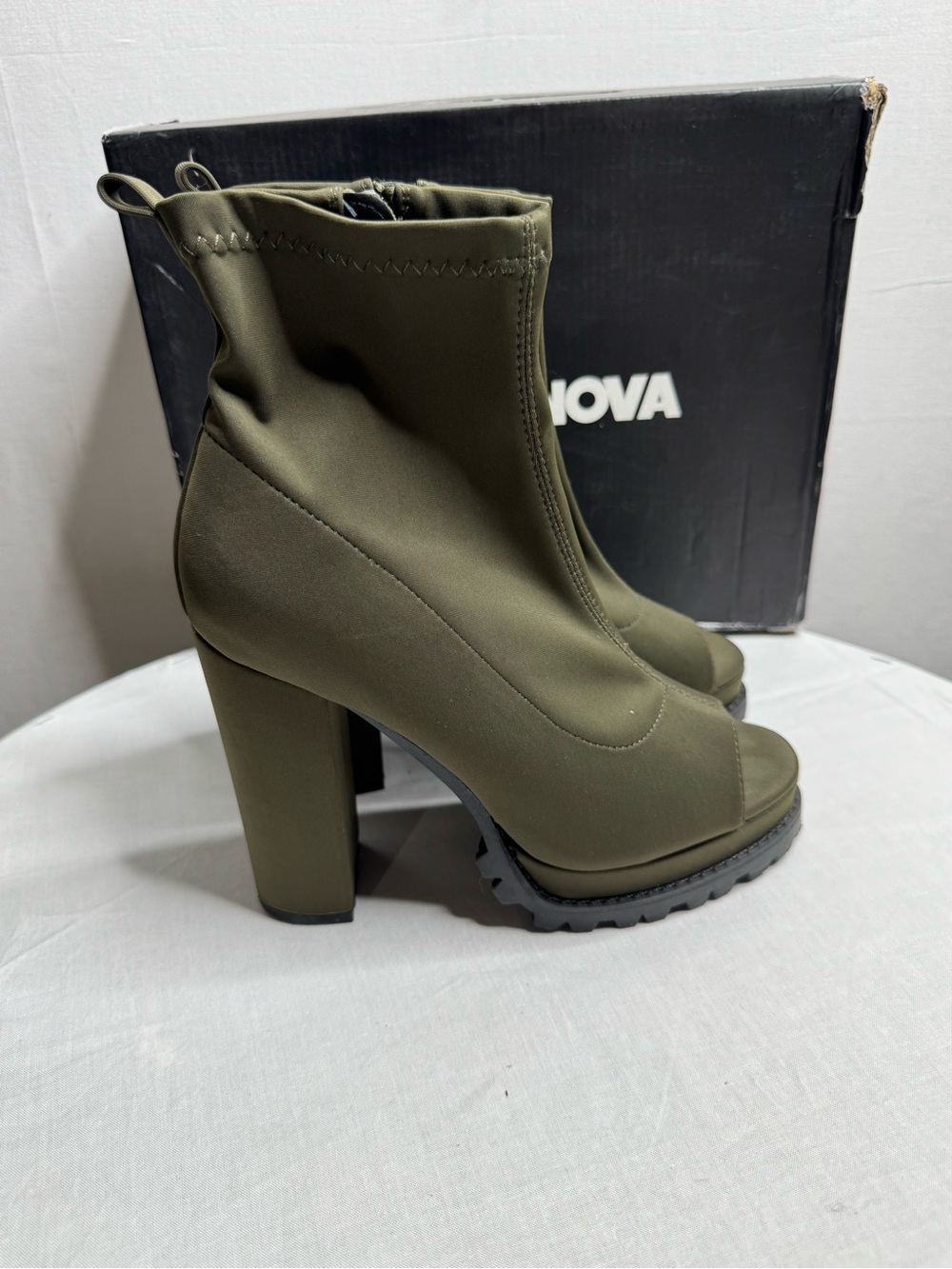 Fashion Nova Olive Green Peep-Toe Block Heel Sock Booties